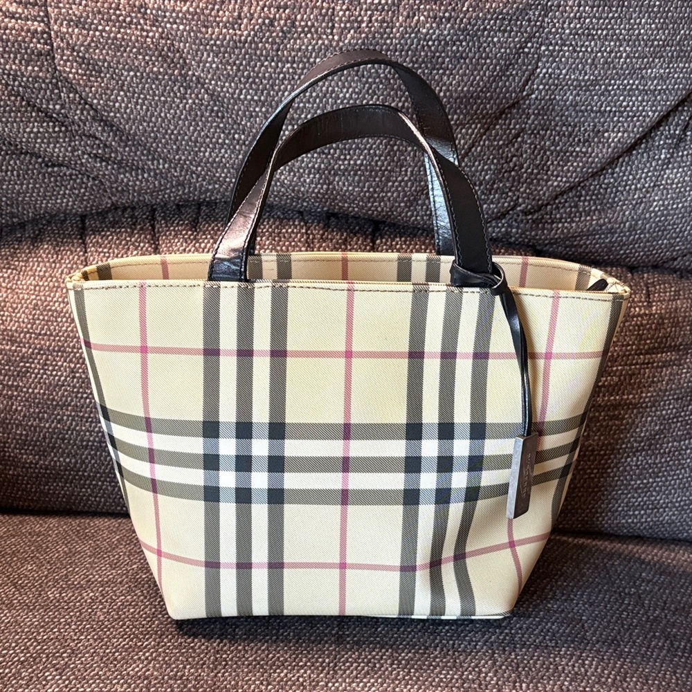 Burberry Beige Check Tote  Small with Black Handles - Picture 3 of 9